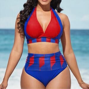 NWT Rosewe Geometric Print Royal Blue Red High Waisted Bikini Swimsuit. Size M.